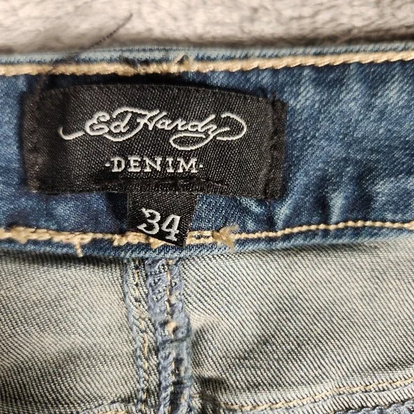Ed Hardy Jeans Women's Size 34 Blue Wide Leg Embroidered Tattoo Print WEHD8300-3